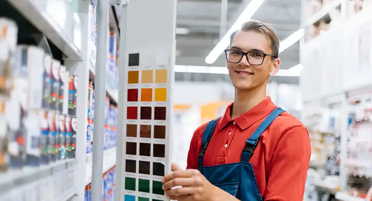 Glad medarbetare i färgbutiken